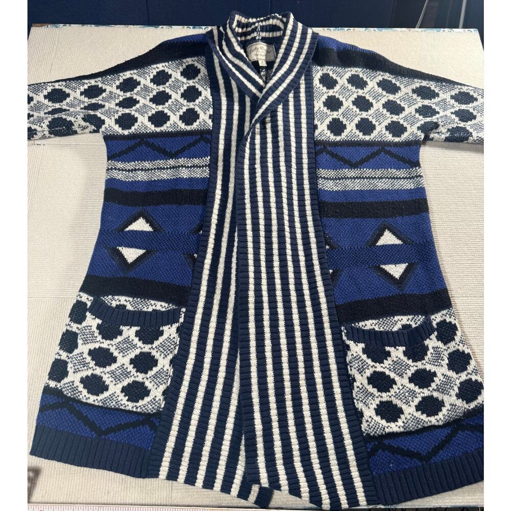 Lucky Brand Women's Medium Cotton Acrylic Open Front Sweater Duster Western Blue - Picture 8 of 9